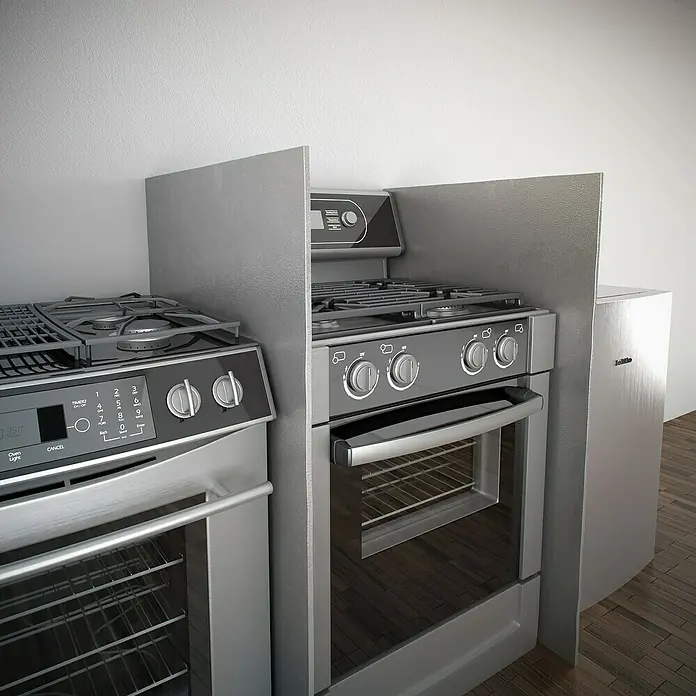 Nmc Dämmplatte Hitze-/Kälte-Stopp-Platte noma®reflex - 1 Stk., Max. Anwendungsfläche: 0,48 m², 800 x 600 x 10 mm, Extrudiertes Polystyrol (XPS) - Zwei moderne Edelstahlherde mit Spritzschutz stehen nebeneinander in einer hellen Küche. Die Öfen sind sauber und einsatzbereit.