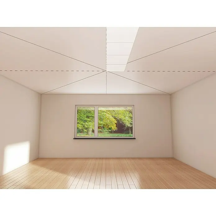 Nmc Decoflair Dämmplatte T130 - 50 x 50 cm, Weiß, Kunststoff - Helles Zimmer mit Fenster und Dachschrägen, ideal für moderne Inneneinrichtung. Die Holzfußböden ergänzen das minimalistische Design.