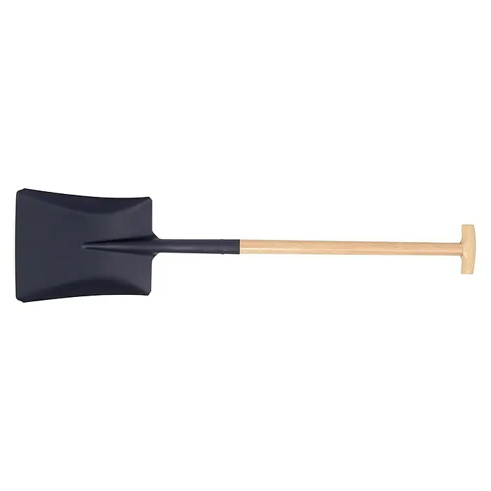 Pala de jardinero - Anchura de trabajo: 26 cm, Forma de la hoja: Recto, Tipo de mango: Mango en T - Imagen de una pala con hoja negra y mango de madera, una herramienta útil para la jardinería y los proyectos de construcción.