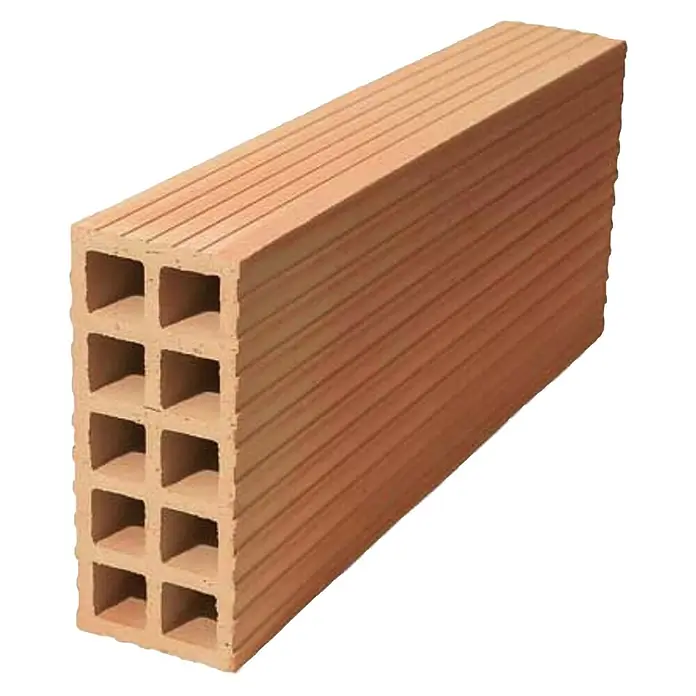 BHS Mallorca Ladrillo Super H6 - An x L: 19 x 49 cm, Rojo - Un ladrillo alargado con ranuras horizontales y agujeros rectangulares, comúnmente utilizado en la construcción.