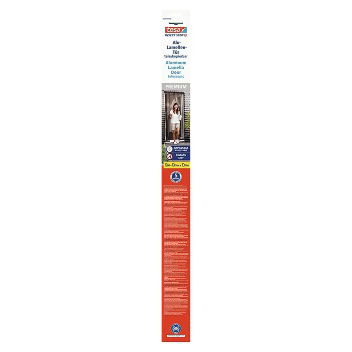 Tesa Insect Stop Lamellenvorhang Premium - B x H: 95 x 220 cm - Produktverpackung für eine Tesa Insekt Stop Alu-Lamellentür, teleskopierbar, mit Größenangabe und Garantiehinweis für Premium-Insektenschutz.