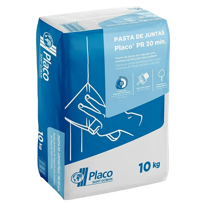 Placo Saint-Gobain Masilla para juntas Rapid - 10 kg - Imagen del producto Placo PR 30 min. pasta para juntas, saco de 10 kg ideal para sistemas de placa de yeso laminado, aplicación rápida y eco.