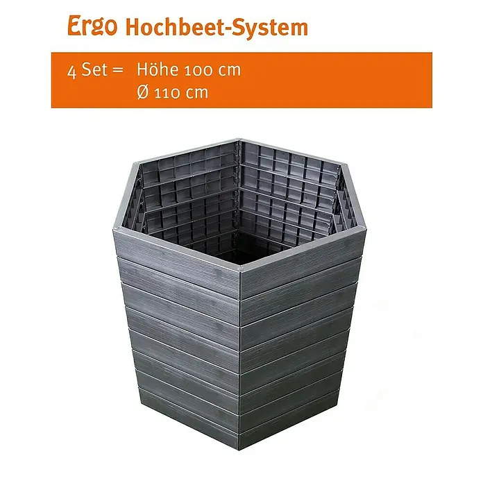 Garantia Hochbeet Ergo Wood - Ø x H: 110 x 25 cm, Kunststoff, Anthrazit - Ergo Hochbeet-System: Das Bild zeigt ein sechseckiges Hochbeet aus grauem Kunststoff, das für den Garten oder die Terrasse geeignet ist.