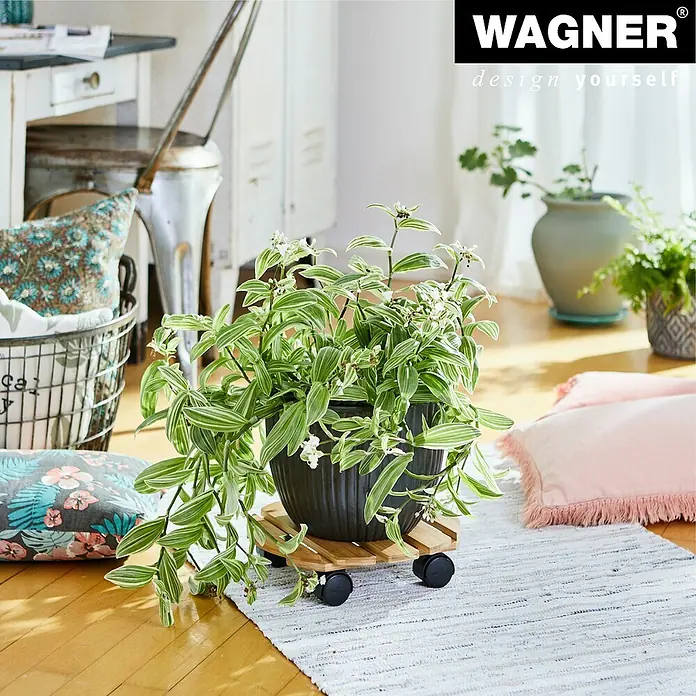 Wagner System Pflanzenroller Bamboo - L x B x H: 29 x 29 x 7 cm, Bambus, Max. Belastung: 100 kg - Das Bild zeigt einen Pflanzroller aus Holz mit einer Topfpflanze drauf, platziert auf einem Teppich in einem hellen Raum.