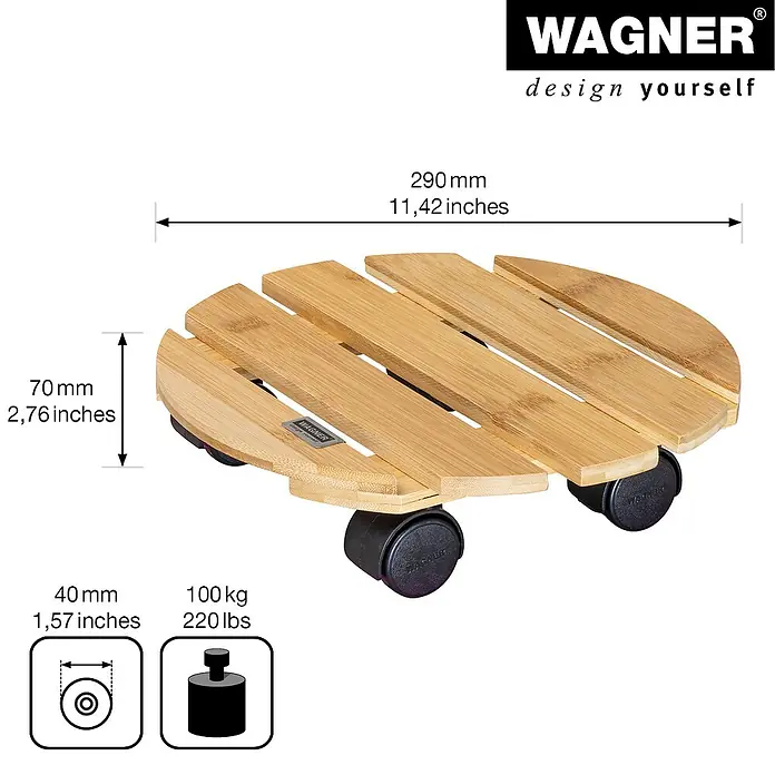 Wagner System Pflanzenroller Bamboo - L x B x H: 29 x 29 x 7 cm, Bambus, Max. Belastung: 100 kg - Nahaufnahme eines Rolluntersetzers für Pflanzen von Wagner, gefertigt aus Bambus und ausgestattet mit schwarzen Rollen.