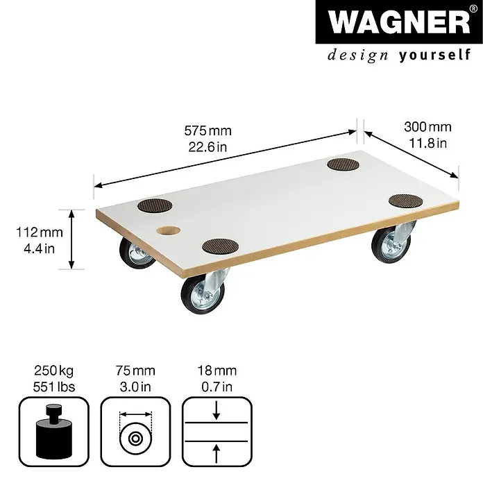 Wagner System Transportroller MM 1316 - L x B x H: 57,5 x 30 x 11,2 cm, Traglast: 250 kg, Holz - Produktbild eines Möbelrollers von Wagner mit Maßangaben und Gewichtsangabe.