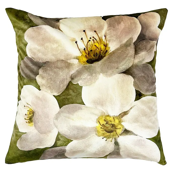 Kissen Marga - Olive Branch, 45 x 45 cm, 100 % Polyester - Quadratisches Kissen mit einem floralen Muster in Weiß-, Gelb- und Grüntönen, das eine elegante und natürliche Note verleiht.