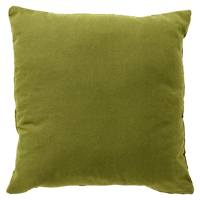 Kissen Maya - Olive Branch, 45 x 45 cm, 90 % Polyester, 10 % Baumwolle - Nahaufnahme eines quadratischen, olivgrünen Kissens mit einem subtilen, strukturierten Stoff und dekorativen Akzenten an den Kanten.