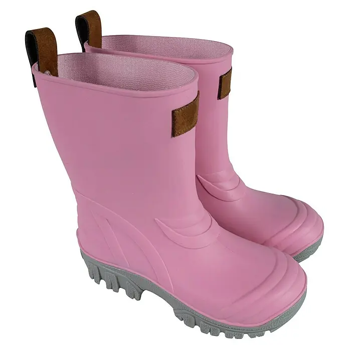 Gummistiefel MiniMe - Schuhgröße: 30, Rosa - Ein Paar pinke Kindergummistiefel mit braunen Akzenten und grauen Sohlen.