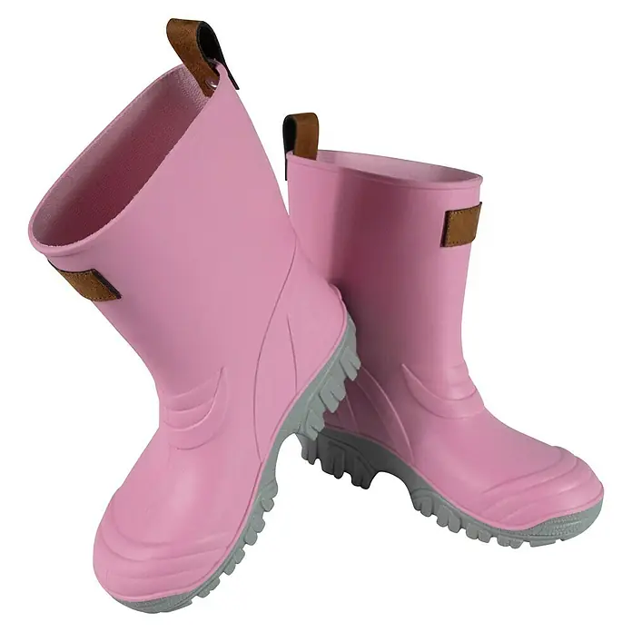 Gummistiefel MiniMe - Schuhgröße: 30, Rosa - Zwei rosa Kindergummistiefel, ideal für jedes Wetter, mit braunen Akzenten und griffiger grauer Sohle.