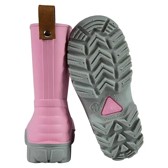 Gummistiefel MiniMe - Schuhgröße: 30, Rosa - Rosa Kindergummistiefel mit braunem Riemen und grauer Sohle. Das Schuhwerk ist für Kinderfüße konzipiert und bietet Schutz vor Nässe.