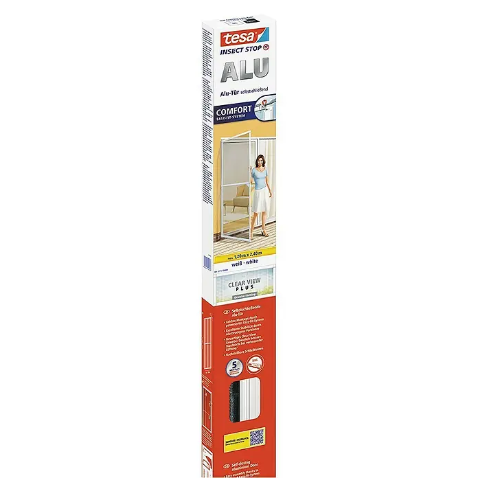 Tesa Insect Stop Insektenschutztür ALU Comfort XL - B x H: 1,2 x 2,4 m, Weiß - Produktverpackung einer selbstschließenden Tesa Insektenschutztür aus Aluminium, ideal für unbeschwerten Insektenschutz im Haus.