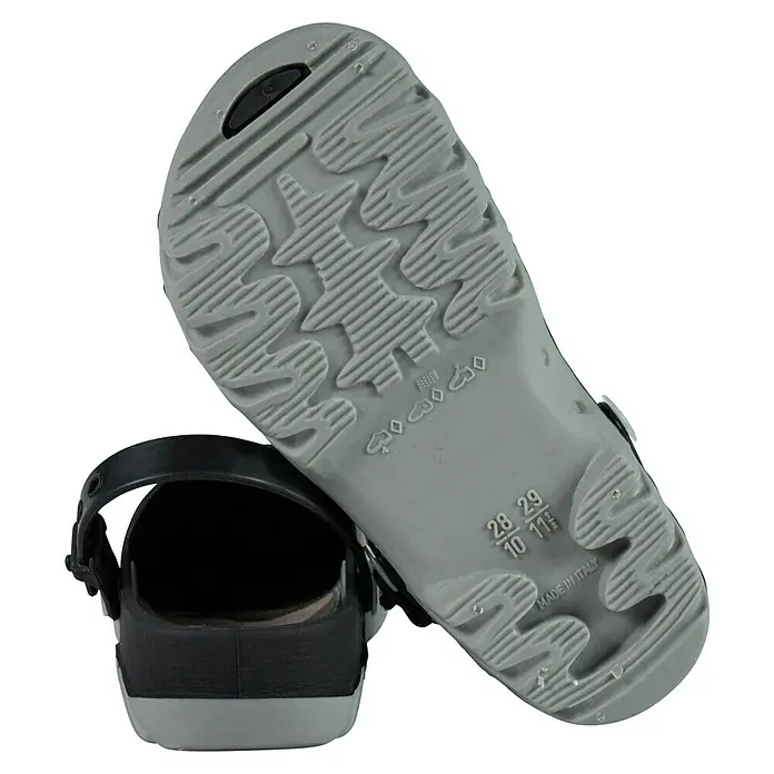 Gartenclogs - Schuhgröße: 28, Schwarz - Graue Kindersandale mit schwarzem Riemen und rutschfester Sohle, ideal für den Sommer und den Strand.