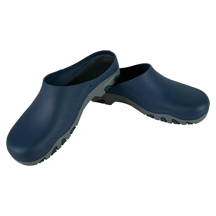 Gartenclogs - Schuhe geeignet für: Herren, Schuhgröße: 45, Navy - Ein Paar marineblaue Clogs mit grauen Sohlen und Innenfutter, ideal für Komfort und Schutz bei der Arbeit.