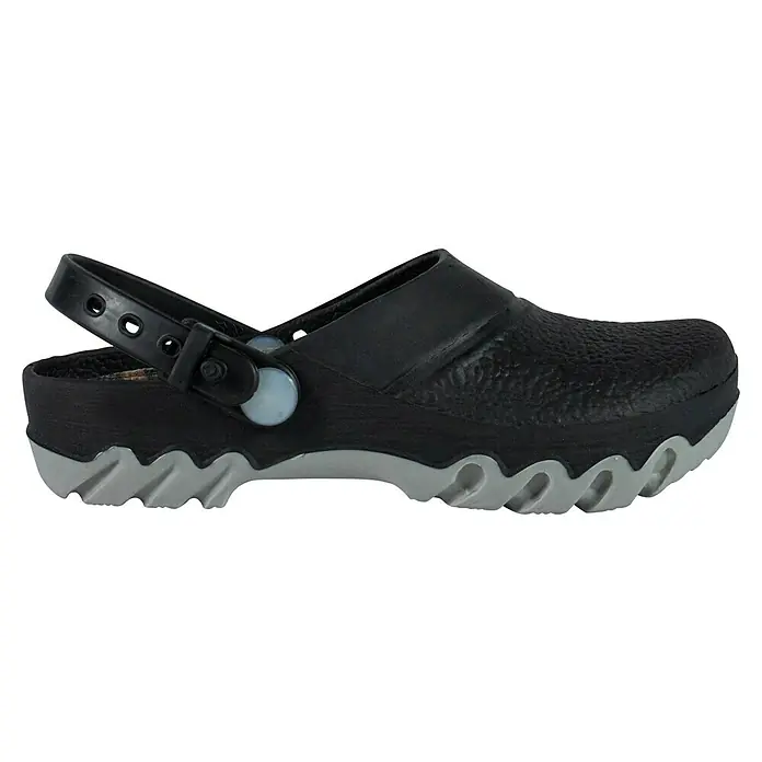Gartenclogs - Schuhgröße: 28, Schwarz - Schwarze Berufsschuhe mit Fersenriemen und grauer Sohle, ideal für medizinische oder gastronomische Umgebungen, die Komfort und Haltbarkeit bieten.