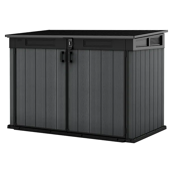 Keter Truhe Cortina Mega - Außenmaß inkl. Dachüberstand (B x T): 191 x 109 cm, Kunststoff, Anthrazit/Schwarz - Abbildung eines dunkelgrauen Gartenschuppens mit Doppeltür und Lüftungsgitter für den Außenbereich, ideal zur Aufbewahrung von Gartengeräten.