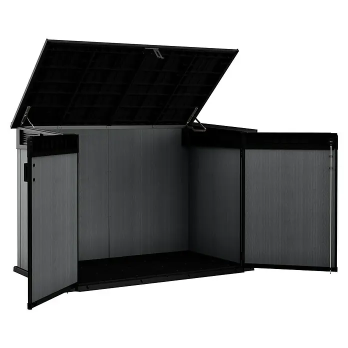 Keter Truhe Cortina Mega - Außenmaß inkl. Dachüberstand (B x T): 191 x 109 cm, Kunststoff, Anthrazit/Schwarz - Offene Gerätebox mit Doppeltüren und aufklappbarem Deckel. Ideal für Gartenwerkzeuge und andere Outdoor-Ausrüstung.