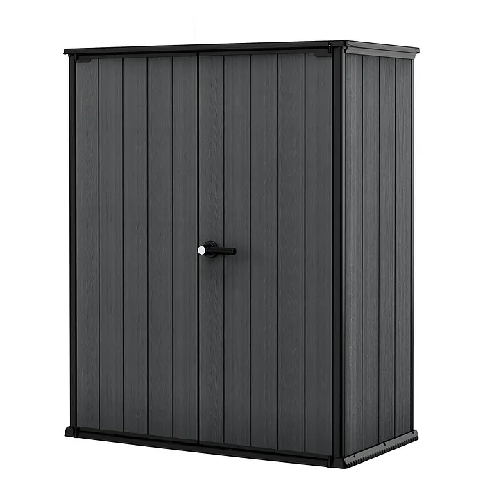 Keter Armario de jardín Cortina Alto - Medidas ext. (An x Pr): 140 x 73,6 cm, Plástico, Antracita - Imagen de un armario de almacenamiento exterior negro con puertas dobles y manija. Ideal para organizar su jardín o patio.