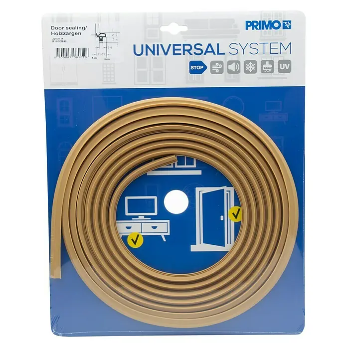 Primo Türdichtung Lignum 34 - Beige, 5 m, Passend für: Nutbreite 3 – 4 mm - Produktbild einer PRIMO Türdichtung/Holzzargen Universal System, die Zugluft, Geräusche, Kälte und UV-Strahlen abhält.