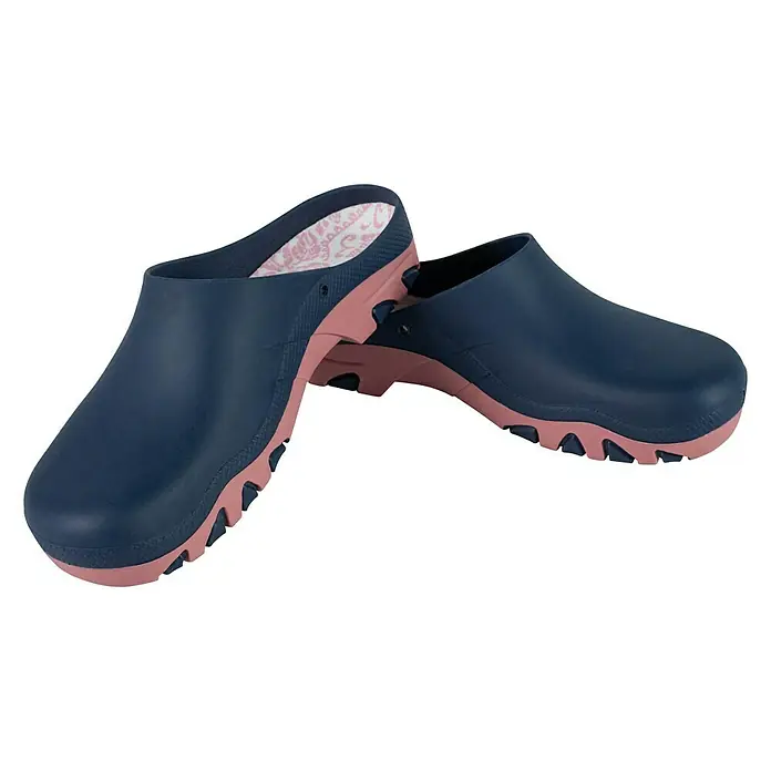 Gartenclogs - Schuhe geeignet für: Damen, Schuhgröße: 41, Navy - Dieses Bild zeigt ein Paar dunkelblaue Clogs mit rosa Sohlen, die lässigen Komfort und Stil für den täglichen Gebrauch bieten.