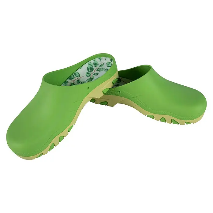 Gartenclogs - Schuhe geeignet für: Damen, Schuhgröße: 38, Grün - Abgebildet sind grüne Gartenschuhe mit hellbeigen Sohlen und einem Muster aus Blättern im Inneren.
