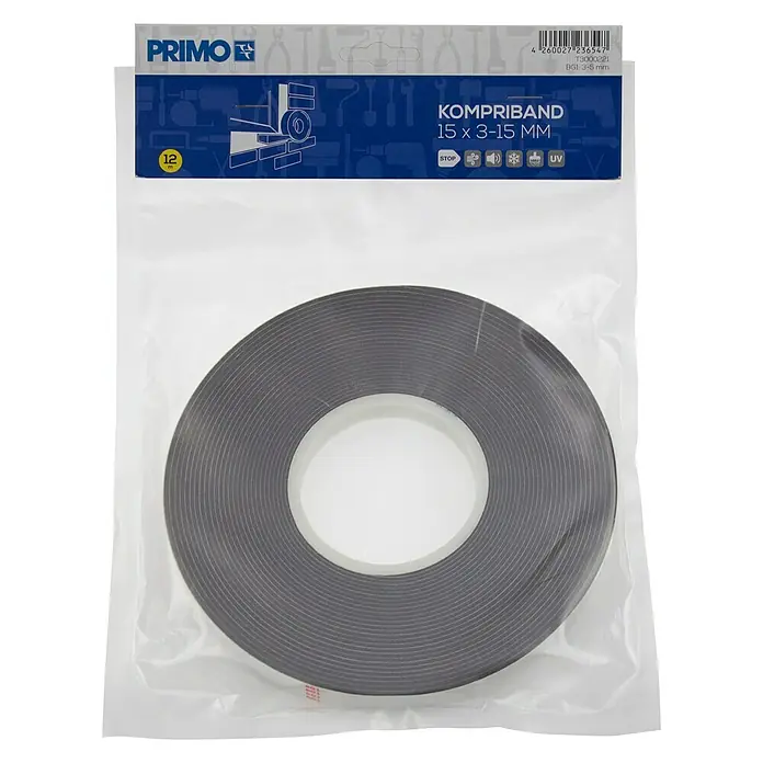 Primo Kompriband 3 – 15 mm - Schwarz, 12 m x 15 mm x 15 mm - Die PRIMO Kompriband Dichtungsbandrolle (15 x 3-15 mm) in ihrer Verpackung. Ideal zum Abdichten von Fugen und Spalten.