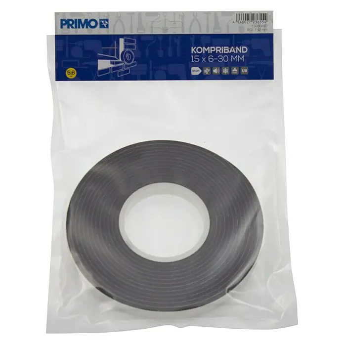 Primo Kompriband 6 – 30 mm - Schwarz, 6 m x 15 mm x 30 mm - Abbildung eines Primo Kompribands, 15 x 6-30 mm, einer Dichtungsbandrolle, die in einer durchsichtigen Verpackung präsentiert wird.