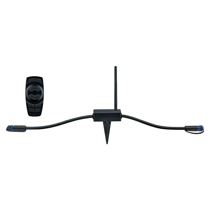 Paulmann Plug & Shine Controller mit Fernbedienung - Max. Leistung: 75 W, Schwarz, IP68 - Bild eines LED-Gartenleuchten-Sets mit Fernbedienung und Erdspieß, ideal für stimmungsvolle Beleuchtung im Außenbereich.