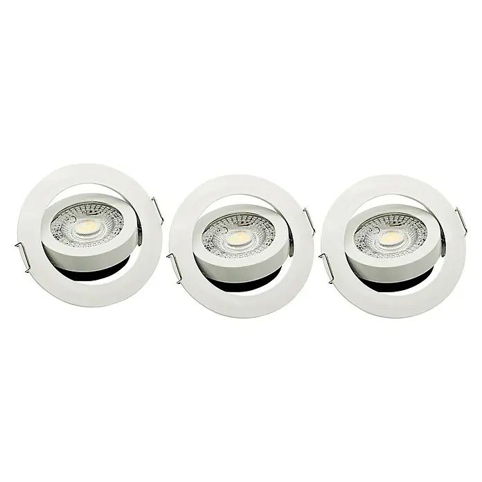 Alverlamp Foco empotrable Pack 3 Aro - 7 W, Ø x Al: 82 x 30 mm, Blanco, Blanco frío - Un primer plano de tres luces LED empotradas en el techo con marcos blancos, dispuestas sobre un fondo negro contrastante.