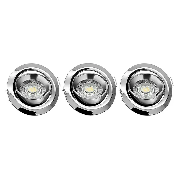 Alverlamp Foco empotrable Pack 3 Aro - 7 W, Ø x Al: 82 x 30 mm, Cromo, Blanco neutro - Imagen de producto con tres luces empotradas modernas con acabado cromado brillante e iluminación LED brillante para acentos elegantes.