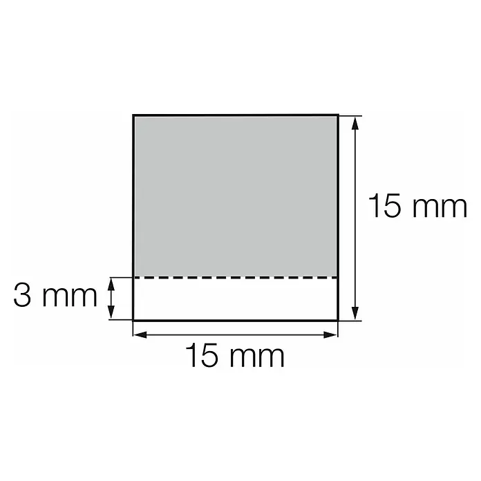 Primo Kompriband 3 – 15 mm - Schwarz, 12 m x 15 mm x 15 mm - Quadratisches Stück Material, 15 mm breit und 15 mm hoch, mit einem 3 mm hohen Bereich unten.
