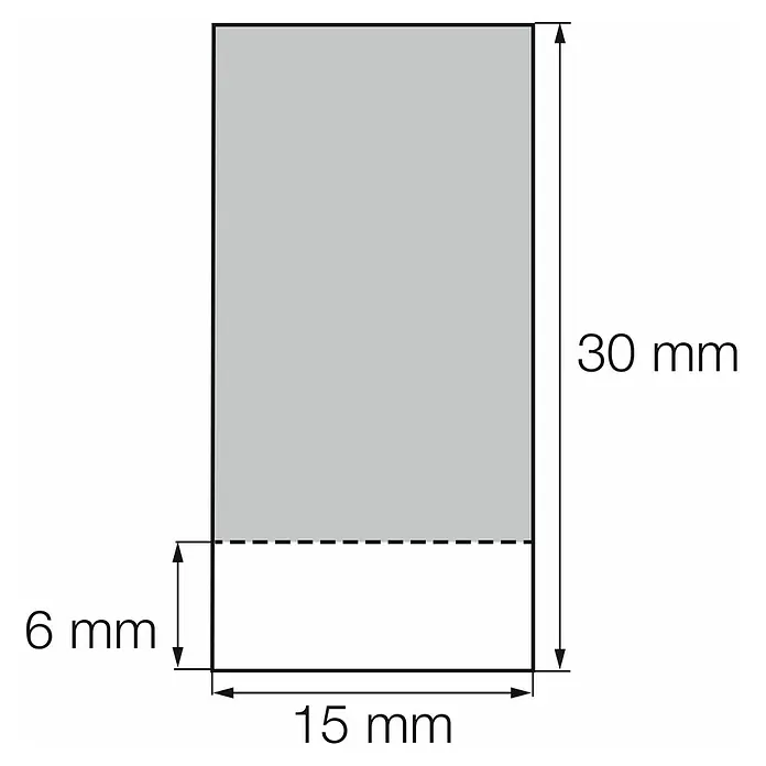Primo Kompriband 6 – 30 mm - Schwarz, 6 m x 15 mm x 30 mm - Abbildung eines Rechtecks mit einer Höhe von 36 mm und einer Breite von 15 mm, wobei der obere Teil grau und der untere Teil weiß ist.