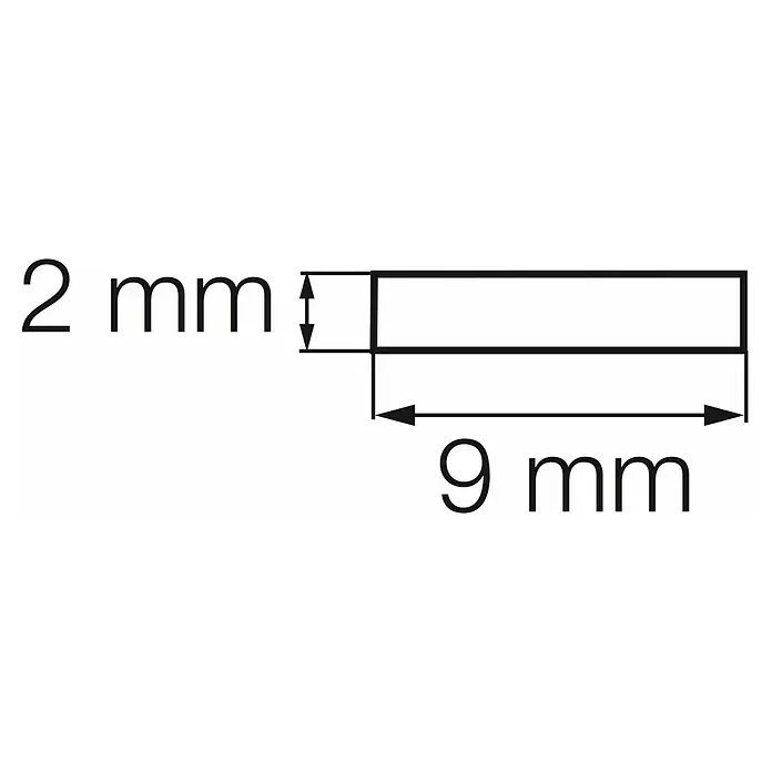 Primo Vorlegeband - Weiß, 10 m x 9 mm x 2 mm - Diagramm mit den Maßen eines Rechtecks. Die Höhe beträgt 2 mm und die Breite 9 mm, dargestellt in einer technischen Zeichnung.