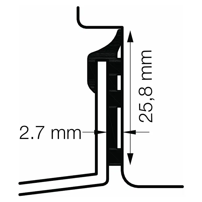 Primo Fensterbankdichtung - Schwarz, 1,5 m - Abbildung eines Profils mit den Maßen 25,8 mm Höhe und 2,7 mm Breite für technische Details.
