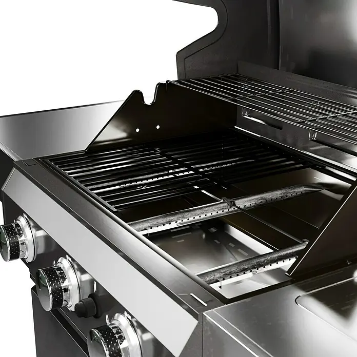 Grillstar Gasgrill Powerburner 350-1 - Grillfläche (B x T): 57 x 41 cm, 8,79 kW, Anzahl Brenner: 3 - Detailansicht eines Grills mit Edelstahlgehäuse und schwarzen Grillrosten. Die Drehknöpfe sind gut sichtbar.
