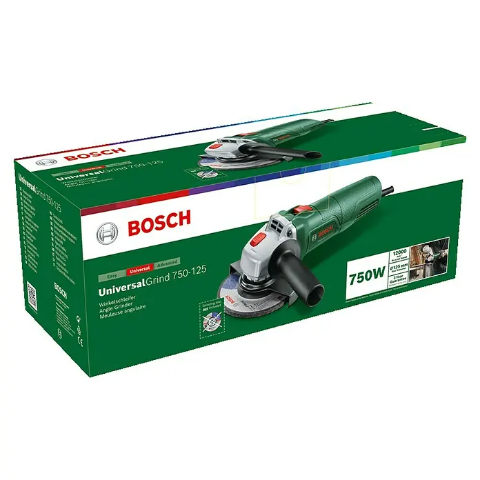 Bosch Elektro-Winkelschleifer UniversalGrind 750-125 - 750 W, Durchmesser Scheibe: 125 mm, Leerlaufdrehzahl: 12.000 U/min - Das Bild zeigt eine grüne Bosch Universal Grind 750-125 Flex in ihrer Originalverpackung.