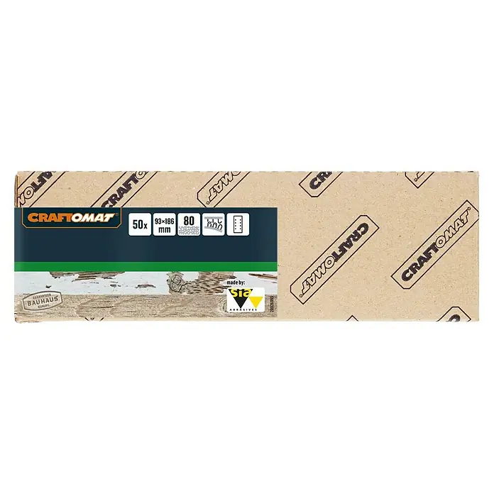 Craftomat Schleifblätter - Körnung: 80, 1 Stk., 93 x 186 mm - Das Craftomat Schleifpapier-Set enthält 50 Blatt mit einer Körnung von 80 und einer Größe von 93 x 186 mm, ideal für verschiedene Schleifarbeiten.
