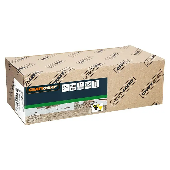 Craftomat Schleifblätter - Körnung: 80, 1 Stk., 93 x 186 mm - Karton Craftomat Schleifpapier mit den Maßen 93x186 mm, 50 Stück pro Packung. Garantiert Bauhaus Qualität für optimale Schleifergebnisse.