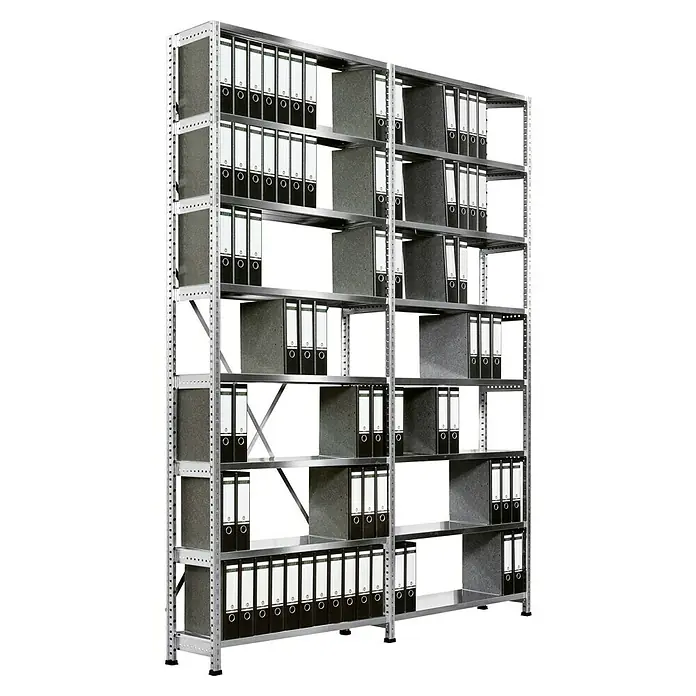 Scholz Aktenregal Grundelement - H x B x T: 264 x 125 x 30 cm, Traglast pro Boden: 60 kg, Anzahl Böden: 8 Stk., Stecken, Silber - Ein hoher, grauer Lagerschrank mit mehreren Regalen und vielen Aktenordnern darauf, die zur Aufbewahrung dienen.