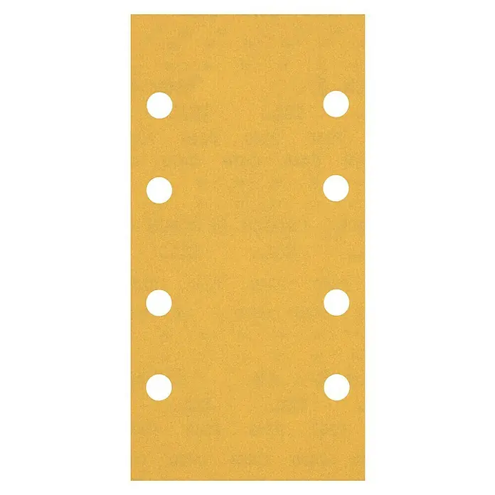 Craftomat Schleifblätter - Körnung: 180, 1 Stk., 93 x 186 mm - Abbildung eines rechteckigen Schleifpapiers mit acht Löchern zur Verwendung an Schleifmaschinen.