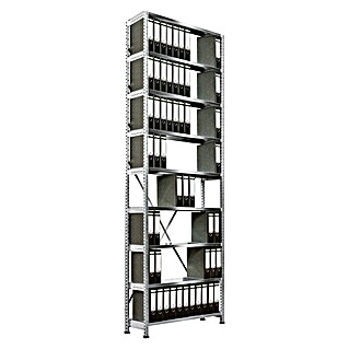 Scholz Aktenregal Grundelement (H x B x T: 300 x 85 x 30 cm, Traglast pro Boden: 100 kg, Anzahl Böden: 9 Stk., Stecken, Silber)