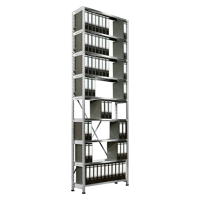 Scholz Aktenregal Grundelement - H x B x T: 300 x 85 x 30 cm, Traglast pro Boden: 100 kg, Anzahl Böden: 9 Stk., Stecken, Silber - Ein hohes Metallregal mit mehreren Ablagen, voll mit Ordnern in einem Büro oder Lagerraum. Das Regal ist silbern und hat viele Löcher.