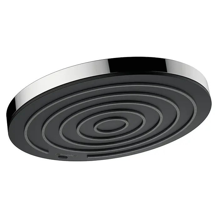 Hansgrohe Pulsify S Kopfbrause 260 1Jet - Durchmesser: 26 cm, 8,4 l/min, Anzahl Funktionen: 1 Stk., Chrom - Nahaufnahme eines Hansgrohe Duschkopfes mit kreisförmigem Design und Chromrand, der Eleganz und moderne Funktionalität vereint.