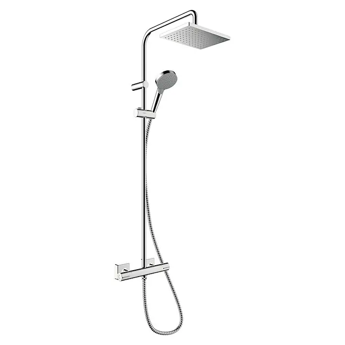 Hansgrohe Vernis Shape Duschsystem 230 - Durchflussmenge: 9 l/min, 2-Wege-Umschaltventil, Chrom - Abbildung einer stilvollen Chrom-Duschgarnitur mit Kopf- und Handbrause. Das moderne Design ergänzt jedes Badezimmer.