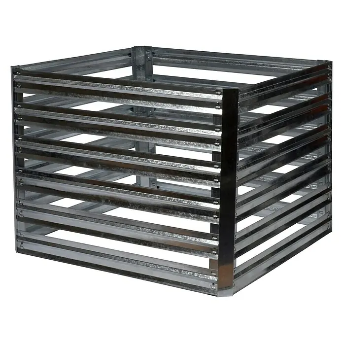 Dobar Komposter Muck - 550 l, 93 x 93 x 70 cm - Das Bild zeigt einen quadratischen Metallkomposter mit horizontalen Lamellen. Der Komposter ist silbern und besteht aus robustem Material.