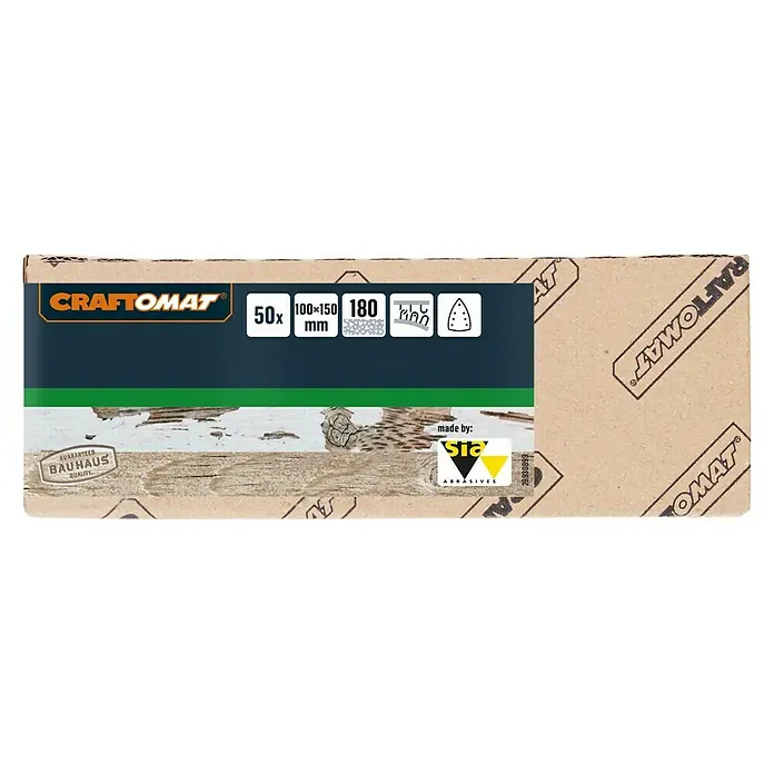 Craftomat Schleifblätter - Körnung: 180, Länge: 150 mm, 1 Stk. - Produktverpackung von Craftomat Schleifpapier mit 50 Stück, Körnung 180 und den Maßen 100x150 mm, hergestellt von Sia Abrasives.