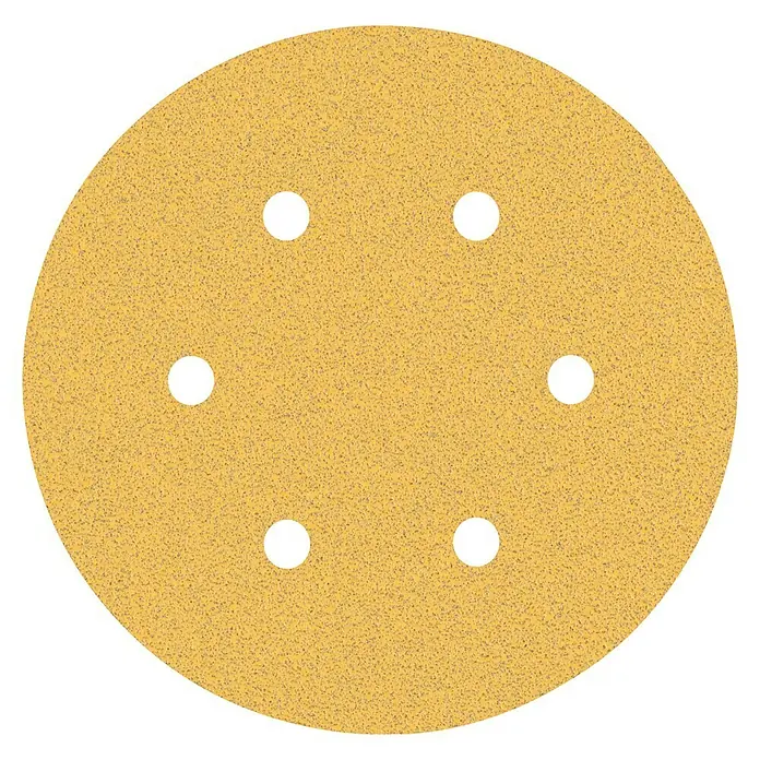 Craftomat Haftschleifscheiben - Körnung: 80, Durchmesser: 150 mm, 1 Stk. - Gelbes Schleifpapier mit sechs Löchern zur Staubabsaugung für gleichmäßiges Schleifen und effiziente Ergebnisse.