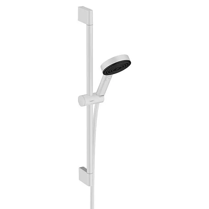Hansgrohe Pulsify Select S Brausegarnitur 105 - Lochabstand: 62,5 cm, Art Strahl: PowderRain, IntenseRain, Massagestrahl, Weiß - Weißes Duschset mit Handbrause, Stange und Schlauch, mit schwarzer Brausefläche und "SELECT"-Taste an der Handbrause.