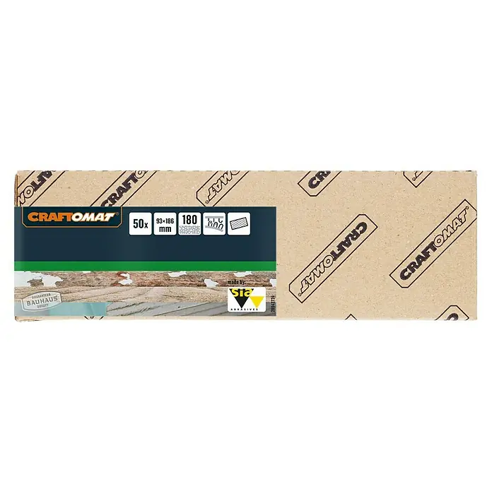 Craftomat Schleifnetz - 186 x 93 mm, Körnung: 180, 1 Stk. - Das Bild zeigt eine Packung Craftomat Schleifgitter mit den Maßen 93x186mm und einer Körnung von 180, ideal für Schleifarbeiten.