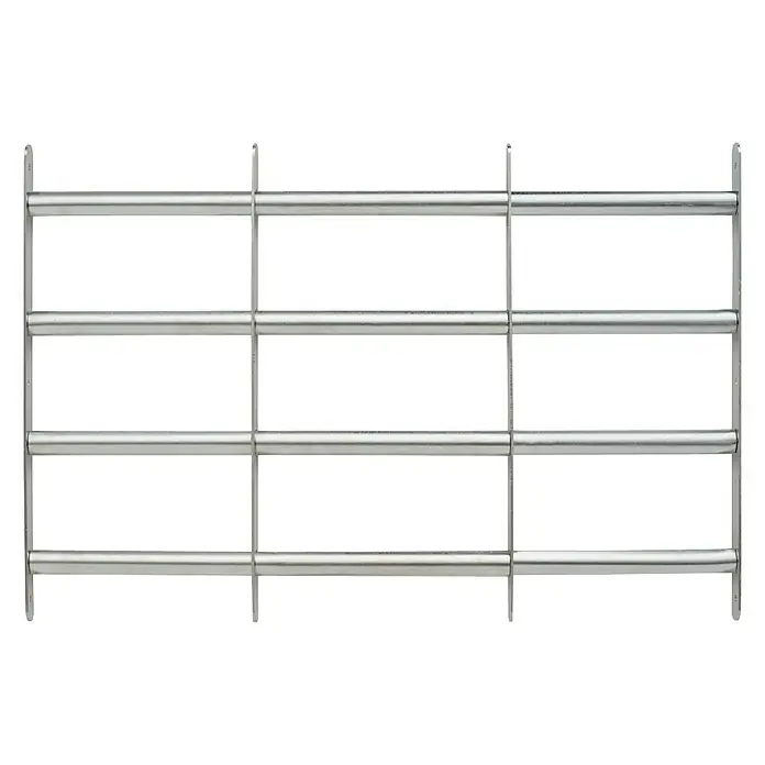 Abus Reja para ventanas FGI - Altura: 60 cm, Longitud regulable: 70 cm - 105 cm, Montaje en intradoses de ventanas - La imagen muestra una rejilla para ganado de color plateado con barras horizontales y verticales, ideal para entornos agrícolas.